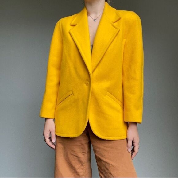 Vintage 80s Women’s Intuition Union Made Canary Yellow Wool Blazer Jacket Sz 6 - Picture 1 of 12